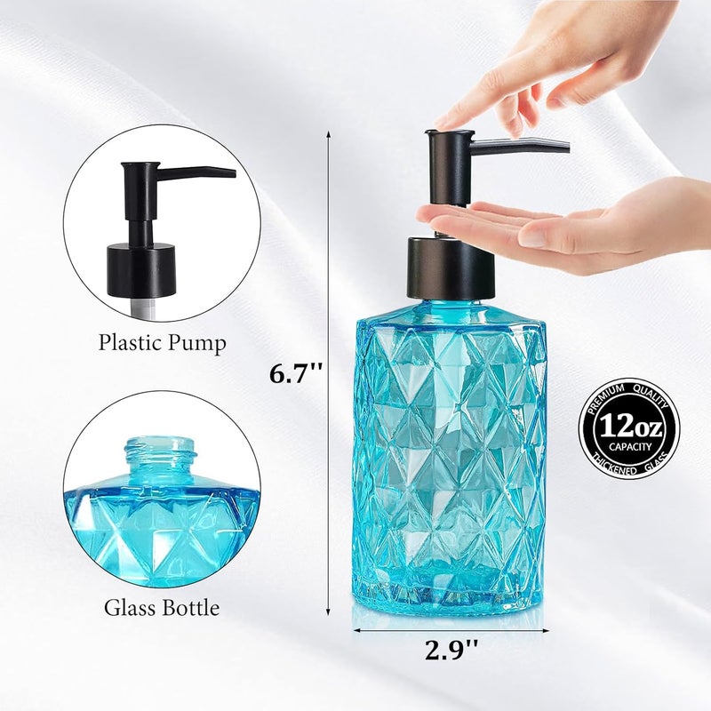 Ulable Clear Ocean Blue Glass Soap Dispenser with Plastic Pump, 2 Pack 12oz Diamond Design Bathroom Soap Dispenser for Hand Wash, Lotion Dispenser & Dish Soap Dispenser for Kitchen and Bathroom - Image 2